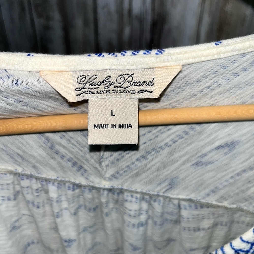 Lucky Brand Santorini Embroidered Boho Cotton Blue White Blouse Large - Picture 5 of 5